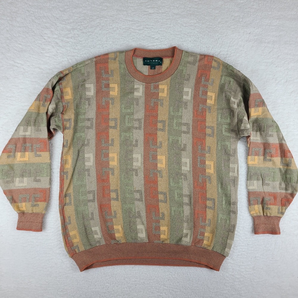 Tundra Sweater Mens Large Multi Color Knit Crewneck Sweatshirt Cotton Polyester